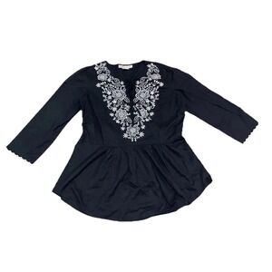 Michael Kors Women's Black Blouse White Floral Embroidery Peplum Size M Shirt